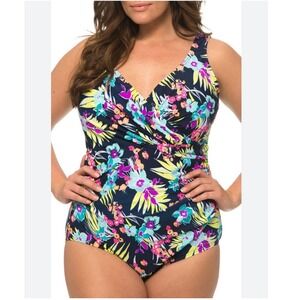 Caribbean Sand Womens Floral Surplice One Piece Swimsuit Navy Blue 24W NWT